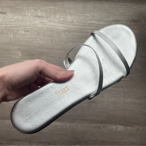 TKEES Gemma Metallic Silver Two Strap Flat Slide Sandal - Picture 7 of 14